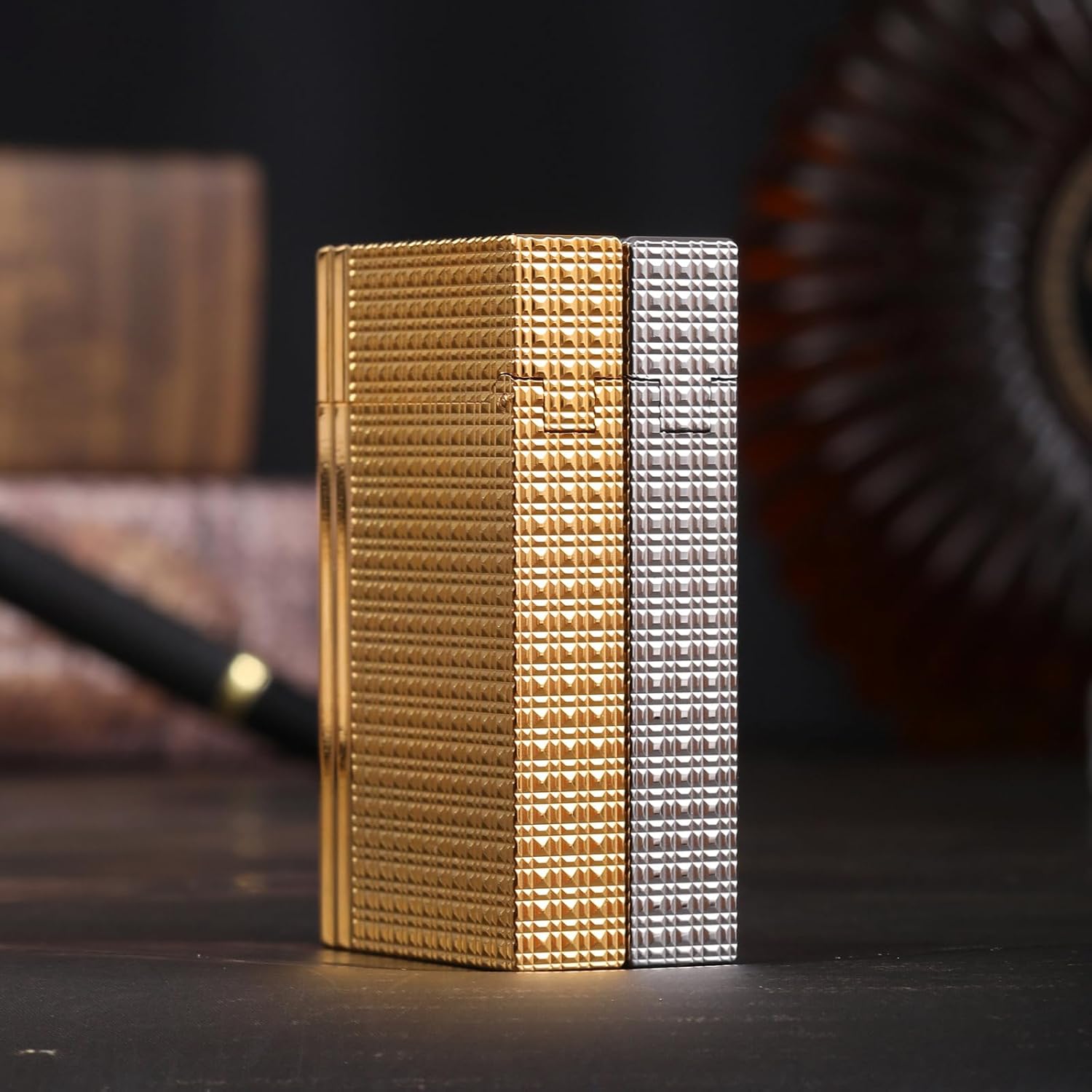 Classic Brass Lighter Luxury Exquisitely Carved Vintage Side Slide Ignition Butane Lighter, Refillable for Men, Dad, Husband, Unique Collectible (Silver)