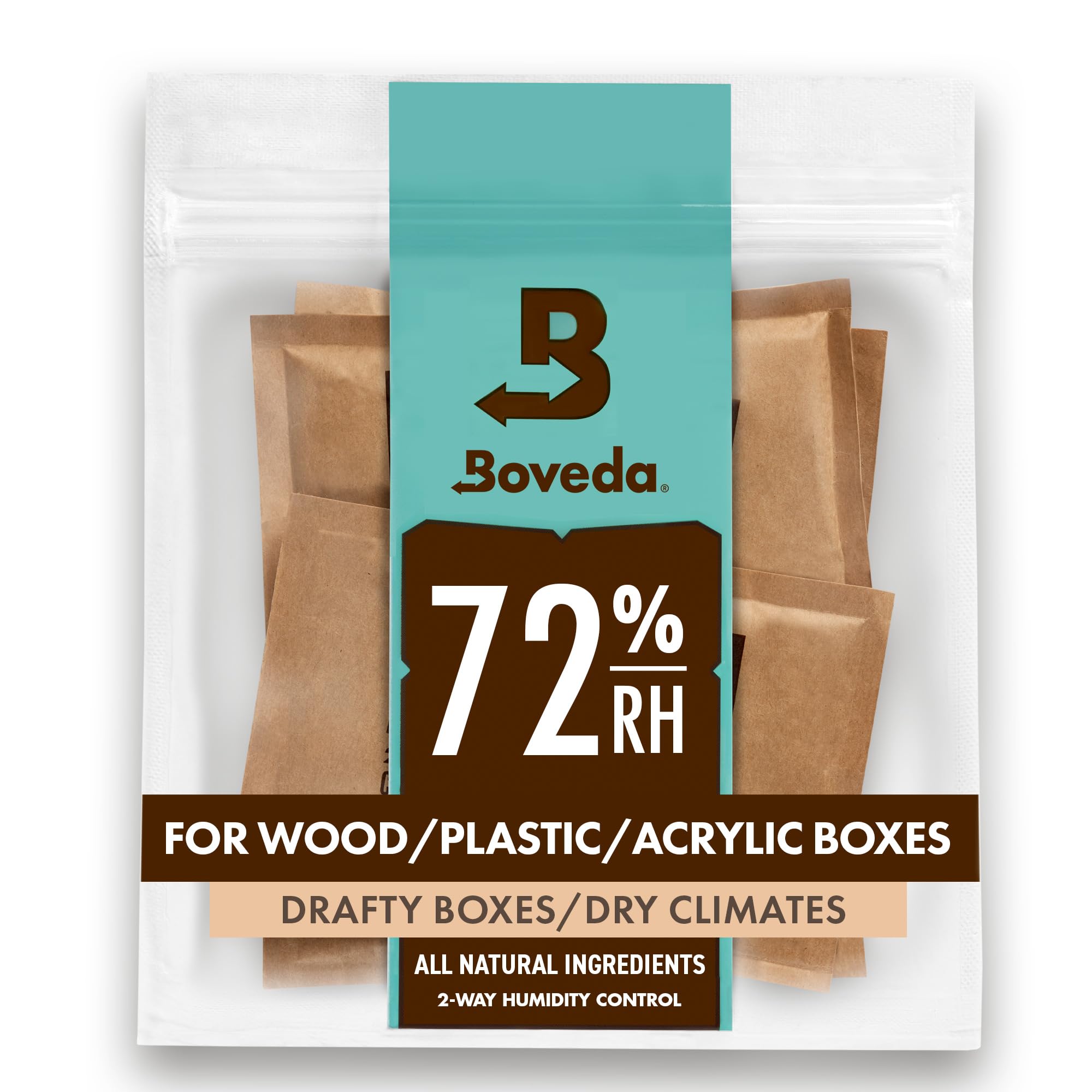 Boveda 72% Two-Way Humidity Control Packs For Wood Humidifier Boxes – Size 60 – 20 Pack – Moisture Absorbers – Humidifier Packs – Hydration Packets in Resealable Bag