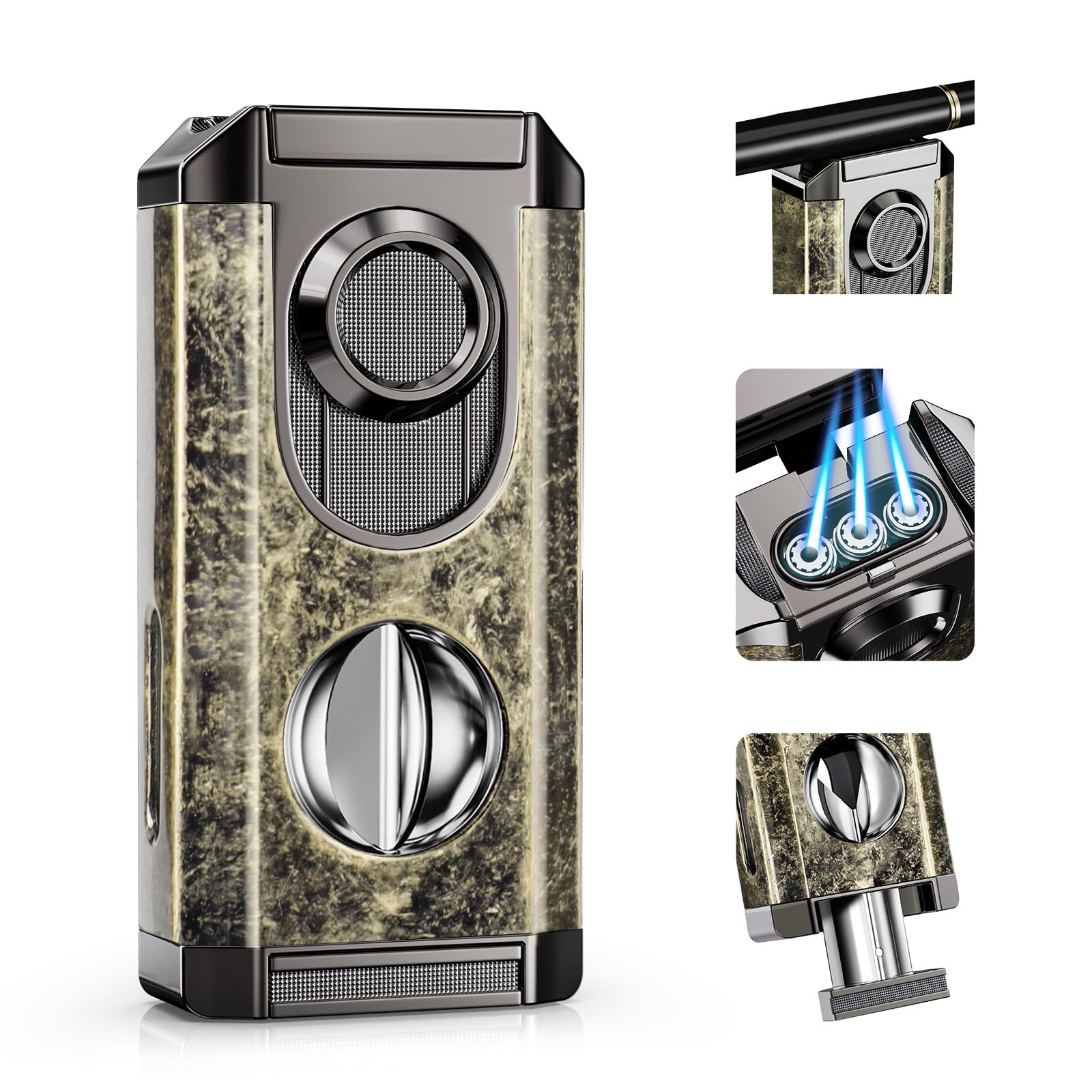 All-in-one Torch Lighter with Triple Jet Flame, Built-in V Cutter, Holder, Windproof Lighter Accessories with Gift Box, Butane Refillable Lighter for Candles, Men, Outdoor Travel (Butane not Included)