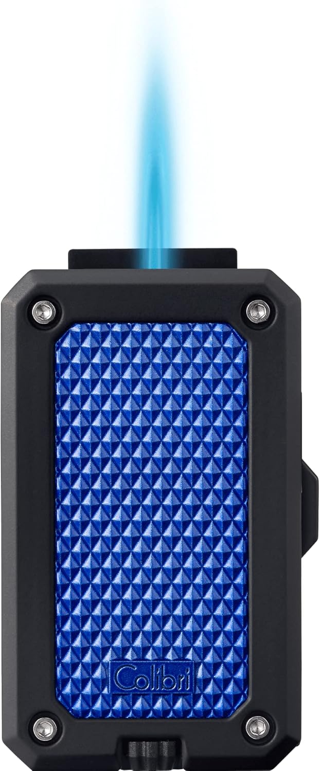 Colibri Rally Single Jet Flame Butane Lighter, Windproof & Refillable, Cigar Enthusiast's Choice with Blue Fuel Window and Adjustable Flame (Matte Black & Blue)