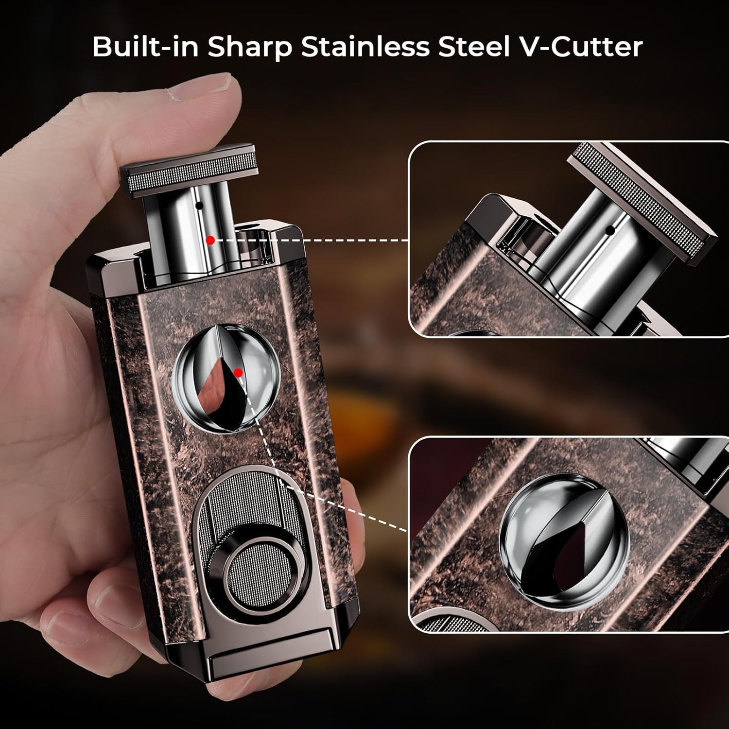 All-in-one Torch Lighter with Triple Jet Flame, Built-in V Cutter, Holder, Windproof Lighter Accessories with Gift Box, Butane Refillable Lighter for Candles, Men, Outdoor Travel (Butane not Included)