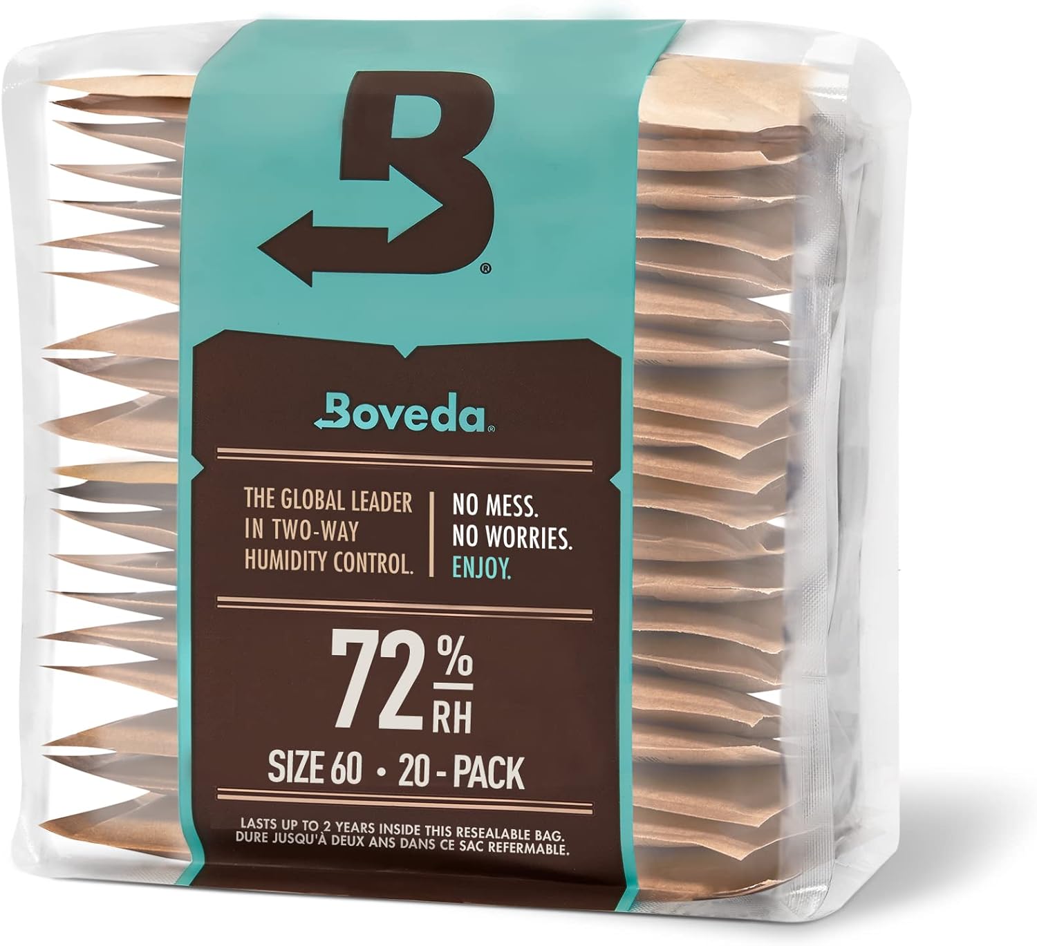 Boveda 72% Two-Way Humidity Control Packs For Wood Humidifier Boxes – Size 60 – 20 Pack – Moisture Absorbers – Humidifier Packs – Hydration Packets in Resealable Bag