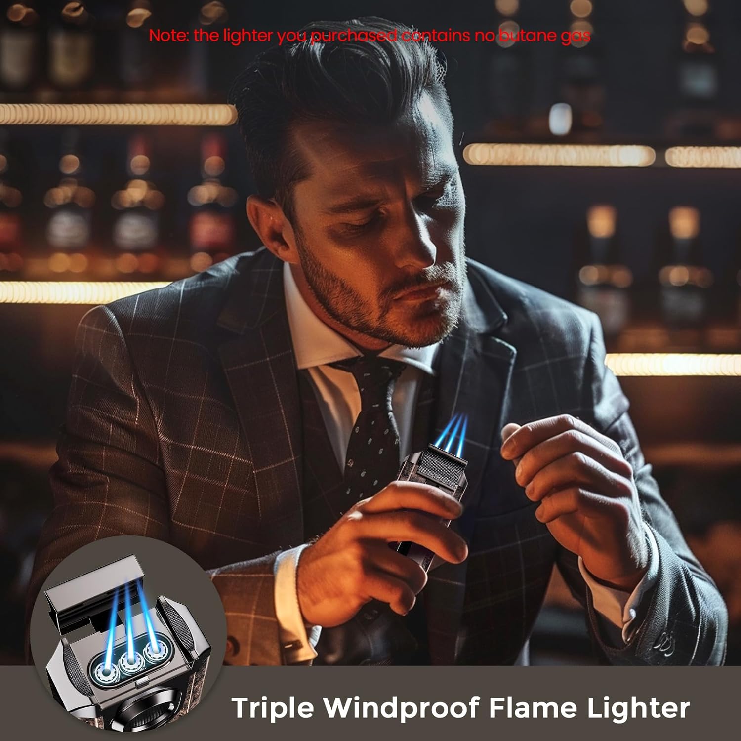 All-in-one Torch Lighter with Triple Jet Flame, Built-in V Cutter, Holder, Windproof Lighter Accessories with Gift Box, Butane Refillable Lighter for Candles, Men, Outdoor Travel (Butane not Included)