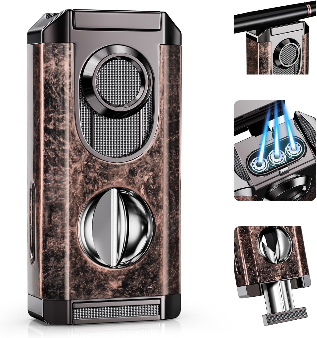 All-in-one Torch Lighter with Triple Jet Flame, Built-in V Cutter, Holder, Windproof Lighter Accessories with Gift Box, Butane Refillable Lighter for Candles, Men, Outdoor Travel (Butane not Included)