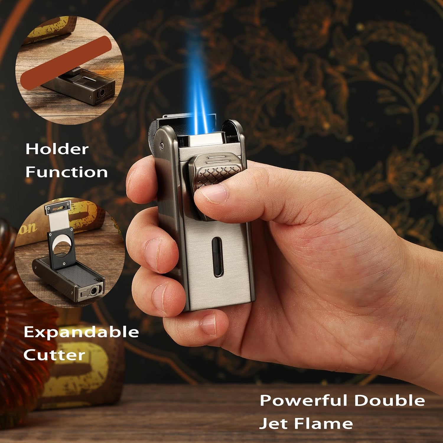 Leather Cedar Wood Case and All in One Double Jet Flame Torch Lighter Set, Built-in Cutter, Punch and Holder Function, Travel Box with Hygrometer, Draw Enhancer Tool, Gifts for Men.