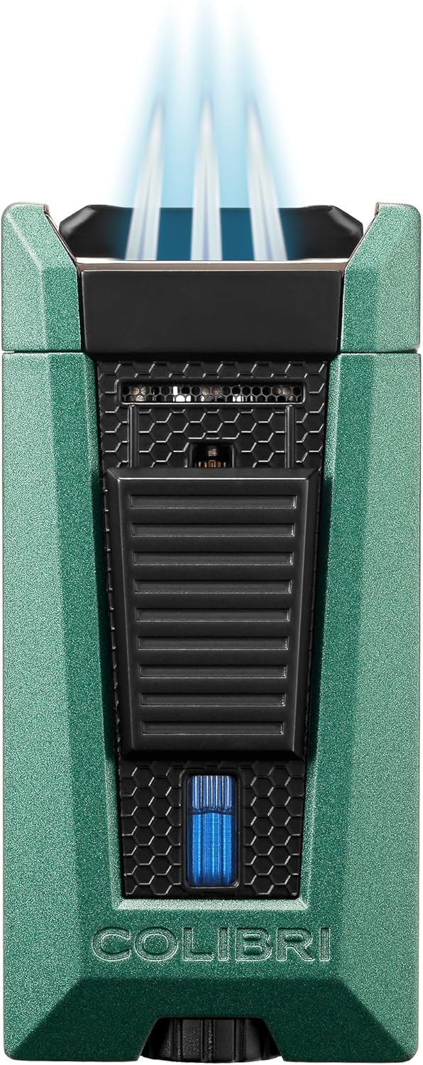Colibri Stealth Triple Jet Flame Butane Lighter, Windproof & Refillable, Cigar Enthusiast's Choice with Blue Fuel Window and Adjustable Flame (Green + Black)