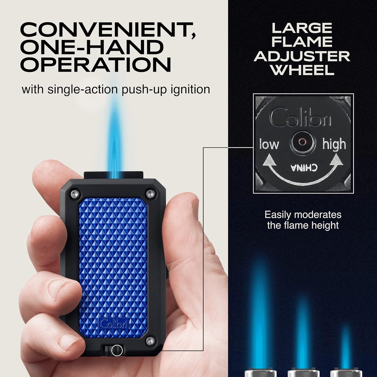 Colibri Rally Single Jet Flame Butane Lighter, Windproof & Refillable, Cigar Enthusiast's Choice with Blue Fuel Window and Adjustable Flame (Matte Black & Blue)
