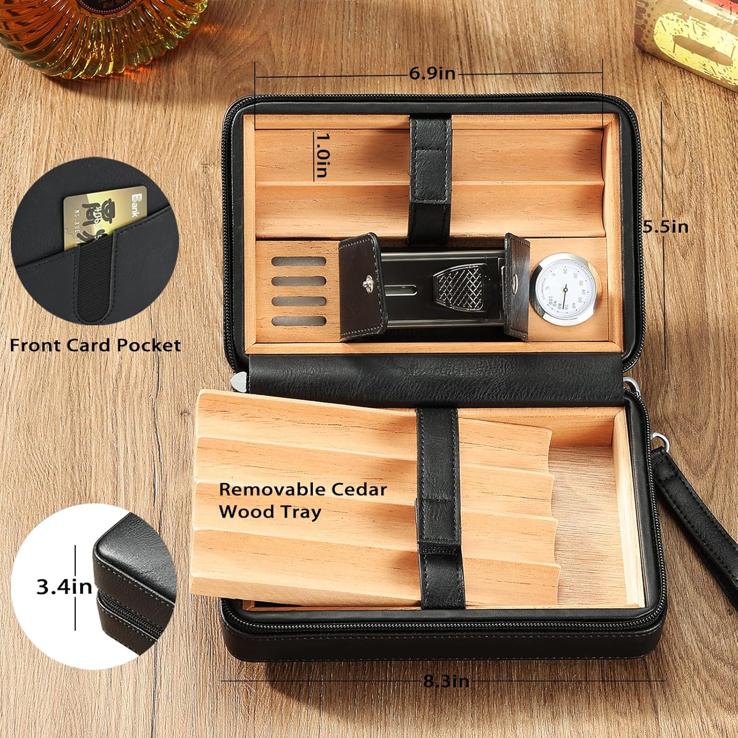 Leather Cedar Wood Case and All in One Double Jet Flame Torch Lighter Set, Built-in Cutter, Punch and Holder Function, Travel Box with Hygrometer, Draw Enhancer Tool, Gifts for Men.