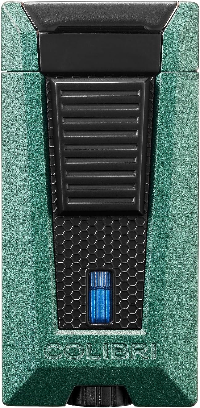 Colibri Stealth Triple Jet Flame Butane Lighter, Windproof & Refillable, Cigar Enthusiast's Choice with Blue Fuel Window and Adjustable Flame (Green + Black)