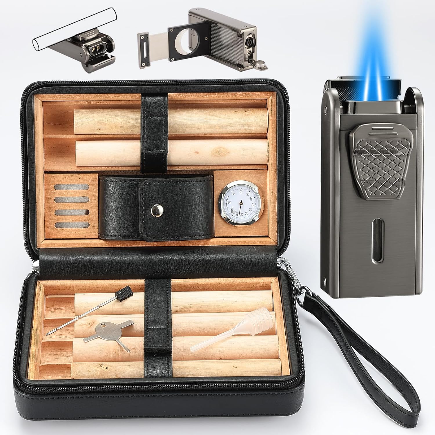 Leather Cedar Wood Case and All in One Double Jet Flame Torch Lighter Set, Built-in Cutter, Punch and Holder Function, Travel Box with Hygrometer, Draw Enhancer Tool, Gifts for Men.