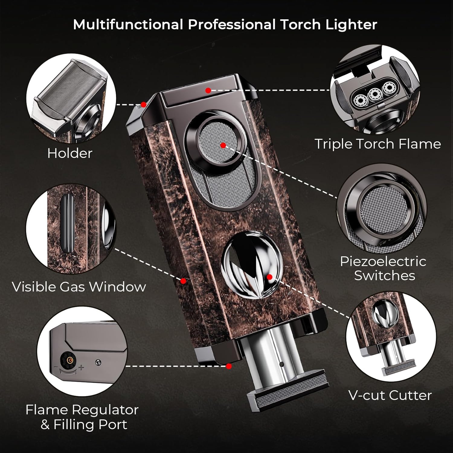 All-in-one Torch Lighter with Triple Jet Flame, Built-in V Cutter, Holder, Windproof Lighter Accessories with Gift Box, Butane Refillable Lighter for Candles, Men, Outdoor Travel (Butane not Included)