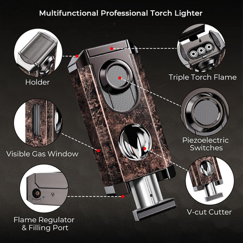 All-in-one Torch Lighter with Triple Jet Flame, Built-in V Cutter, Holder, Windproof Lighter Accessories with Gift Box, Butane Refillable Lighter for Candles, Men, Outdoor Travel (Butane not Included)
