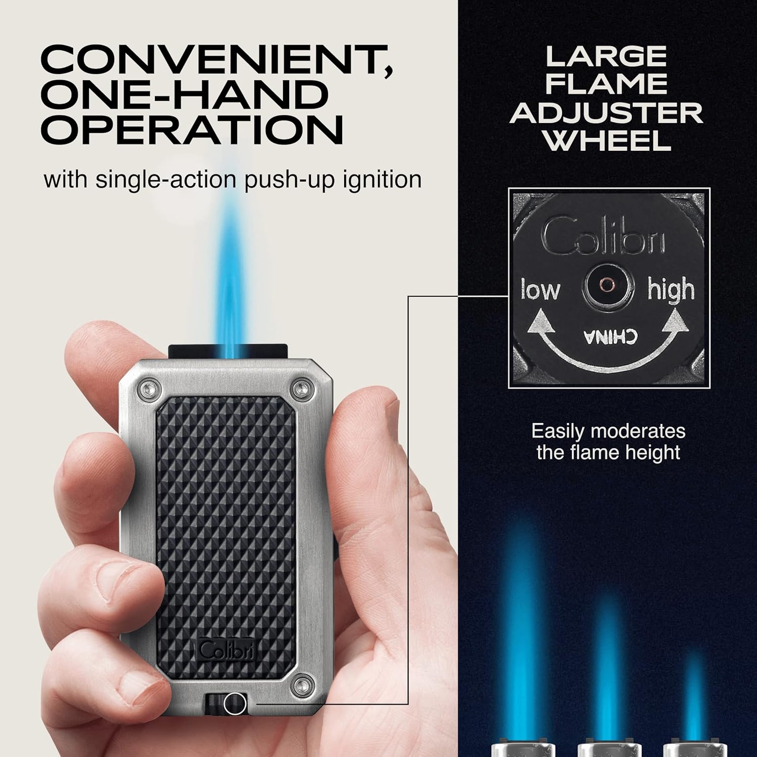 Colibri Rally Single Jet Flame Butane Lighter, Windproof & Refillable, Cigar Enthusiast's Choice with Blue Fuel Window and Adjustable Flame (Polished Chrome-Black)