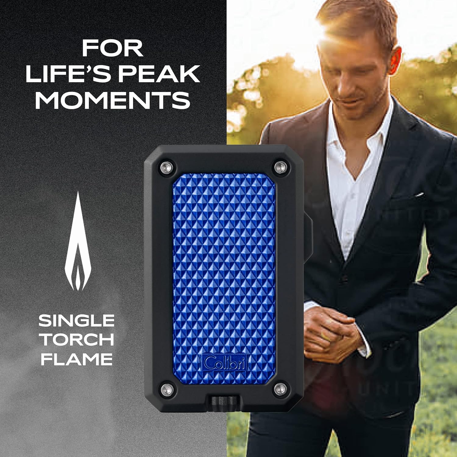 Colibri Rally Single Jet Flame Butane Lighter, Windproof & Refillable, Cigar Enthusiast's Choice with Blue Fuel Window and Adjustable Flame (Matte Black & Blue)