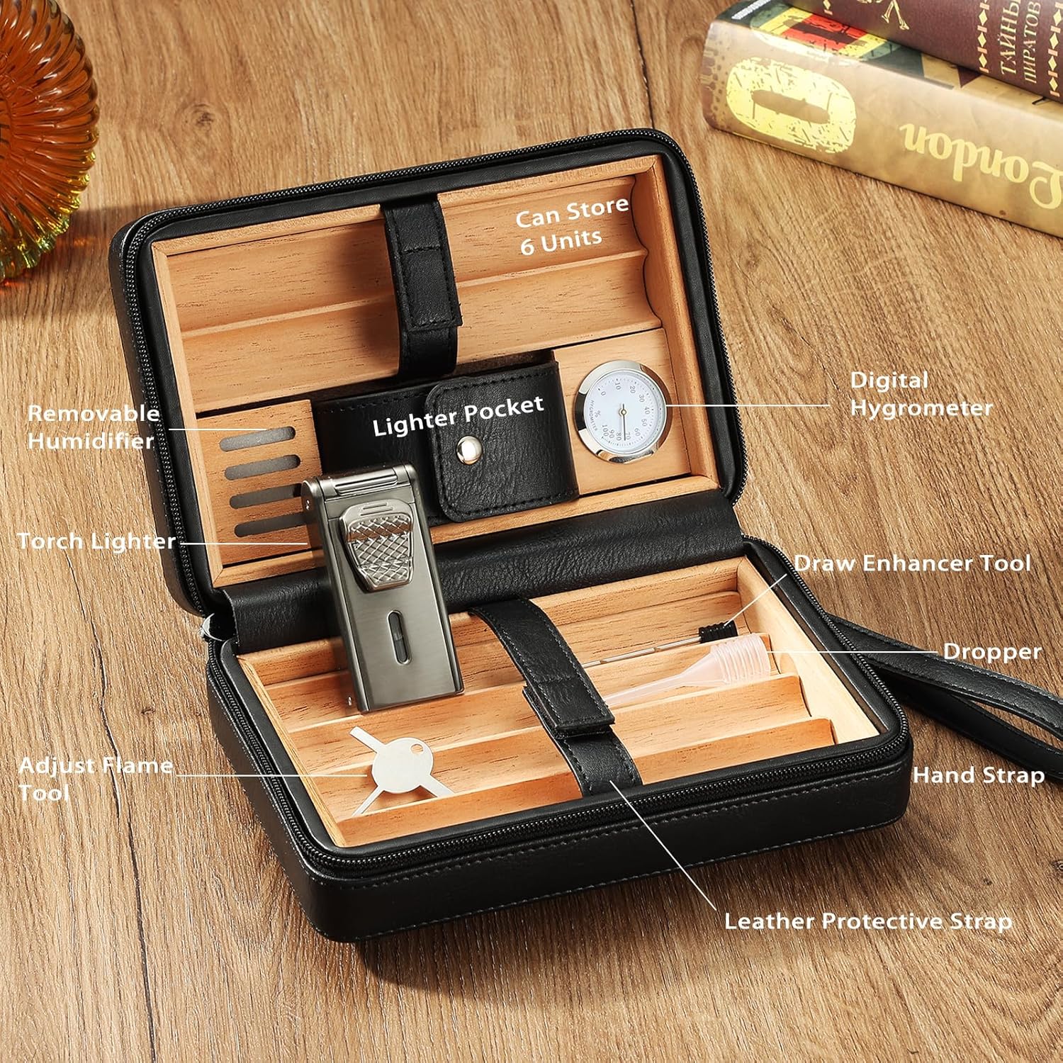 Leather Cedar Wood Case and All in One Double Jet Flame Torch Lighter Set, Built-in Cutter, Punch and Holder Function, Travel Box with Hygrometer, Draw Enhancer Tool, Gifts for Men.