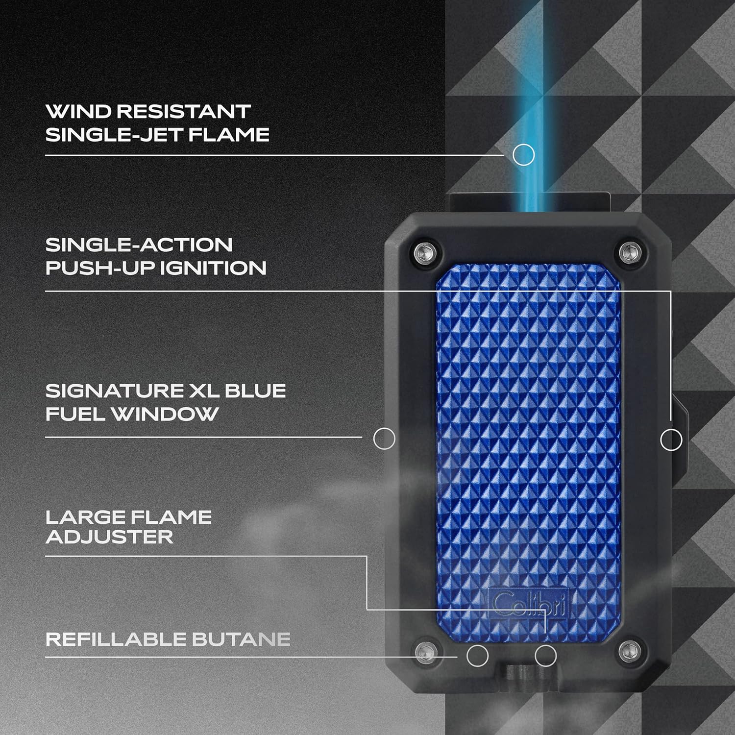 Colibri Rally Single Jet Flame Butane Lighter, Windproof & Refillable, Cigar Enthusiast's Choice with Blue Fuel Window and Adjustable Flame (Matte Black & Blue)