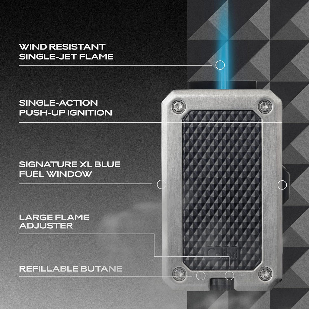 Colibri Rally Single Jet Flame Butane Lighter, Windproof & Refillable, Cigar Enthusiast's Choice with Blue Fuel Window and Adjustable Flame (Polished Chrome-Black)