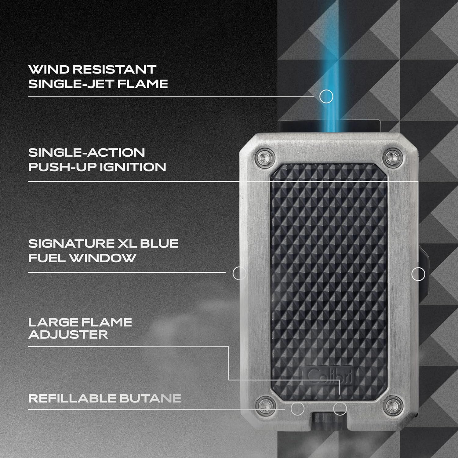 Colibri Rally Single Jet Flame Butane Lighter, Windproof & Refillable, Cigar Enthusiast's Choice with Blue Fuel Window and Adjustable Flame (Polished Chrome-Black)