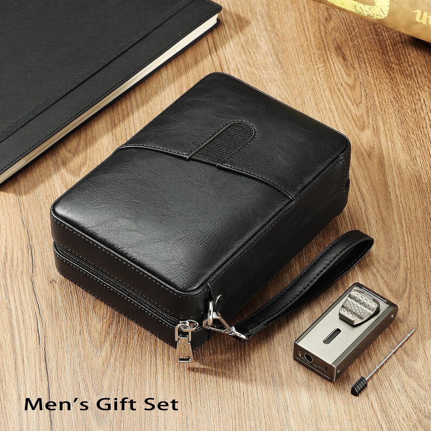 Leather Cedar Wood Case and All in One Double Jet Flame Torch Lighter Set, Built-in Cutter, Punch and Holder Function, Travel Box with Hygrometer, Draw Enhancer Tool, Gifts for Men.